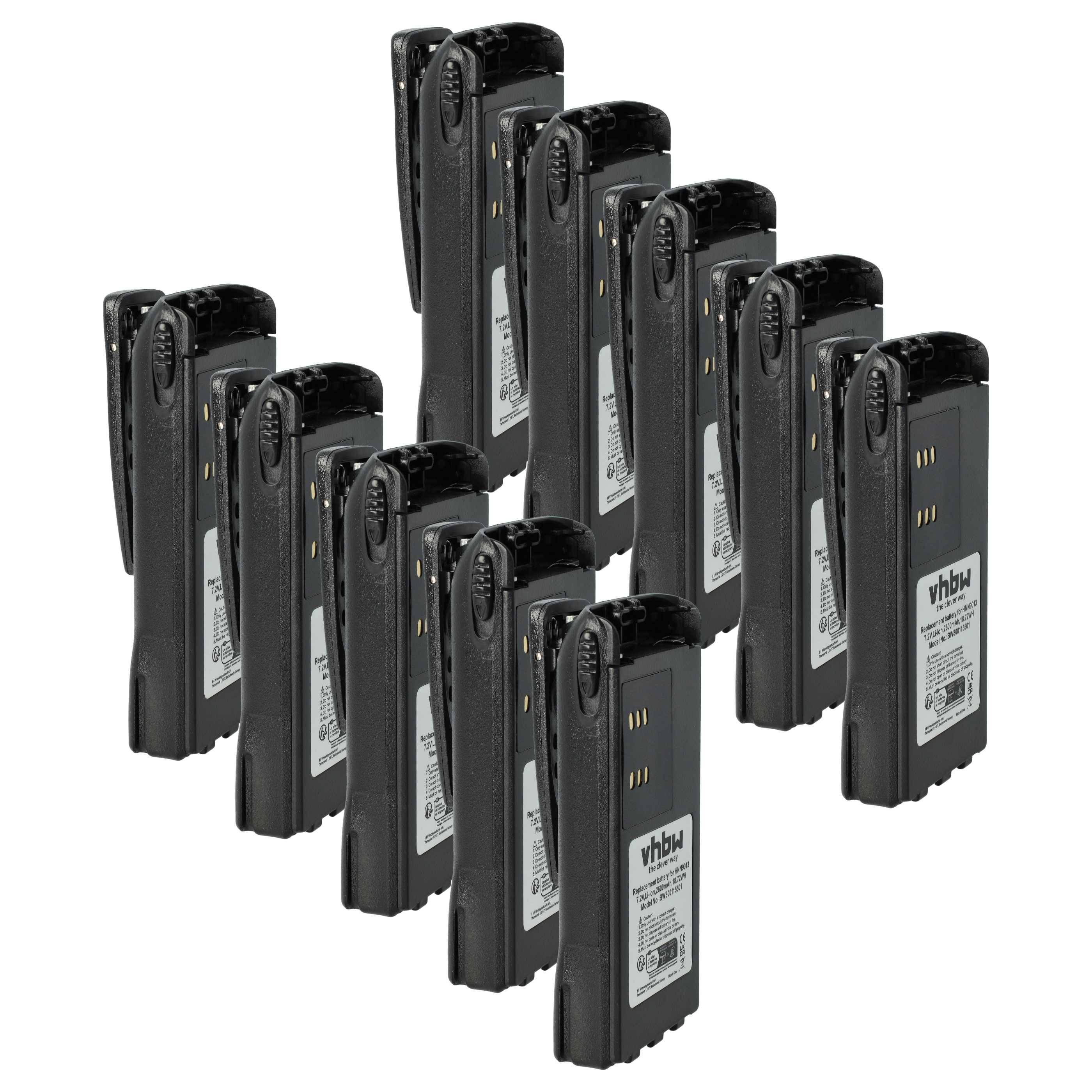 Zwölf schwarze vhbw Ersatzbatterien für Kenwood-Funkgeräte, aufrecht in einer versetzten Formation stehend, die ihre Etiketten zeigen.