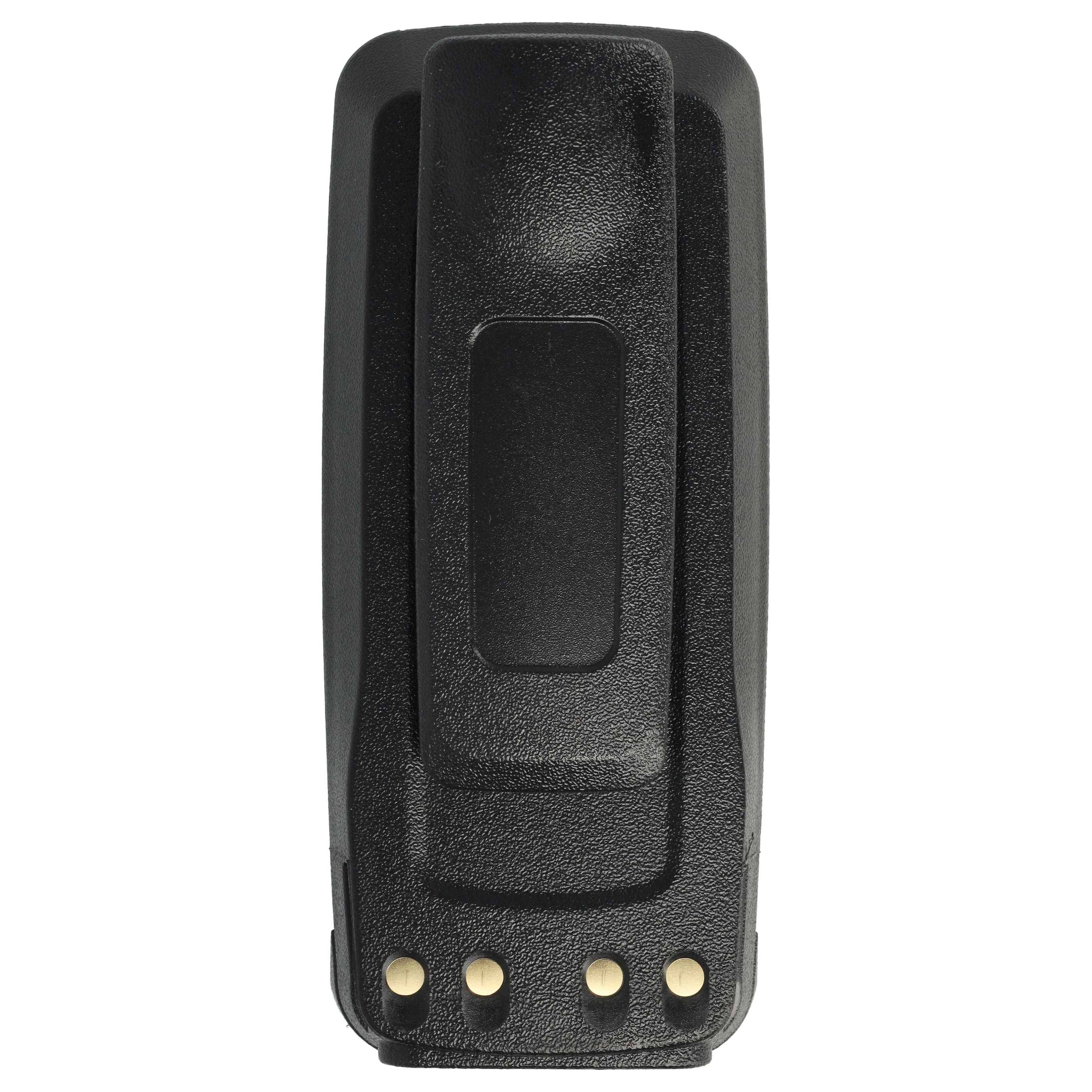 Eine schwarze Radiotaschenklemme mit vier goldenen Kontaktpunkten am Unterrand, die verwendet wird, um ein Funkgerät sicher an einem Gürtel oder Bund zu befestigen.