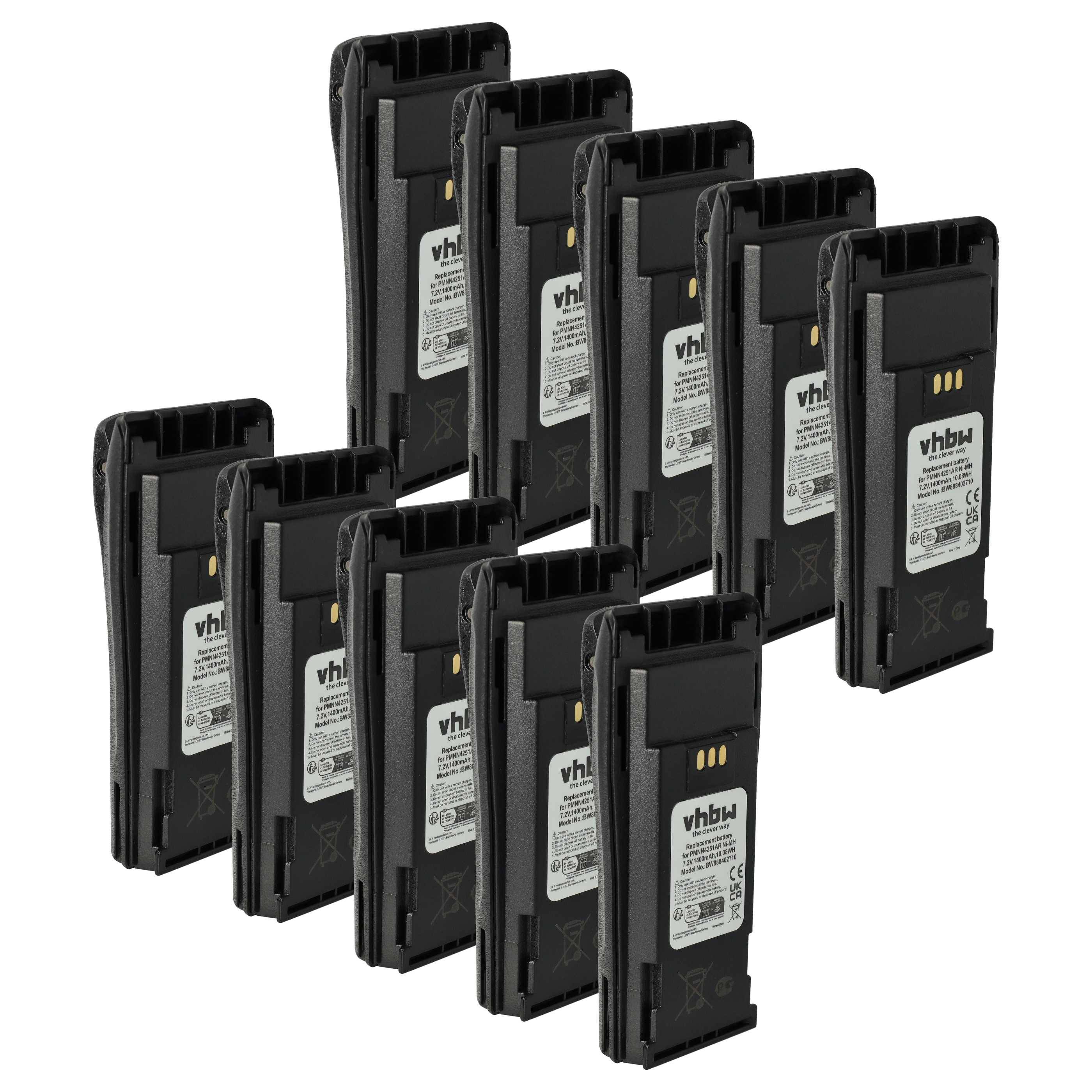 Zehn schwarze vhbw-Batterien sind in zwei Reihen angeordnet, die nach vorne zeigen. Jede Batterie trägt Etiketten mit Spezifikationen und Markierung.