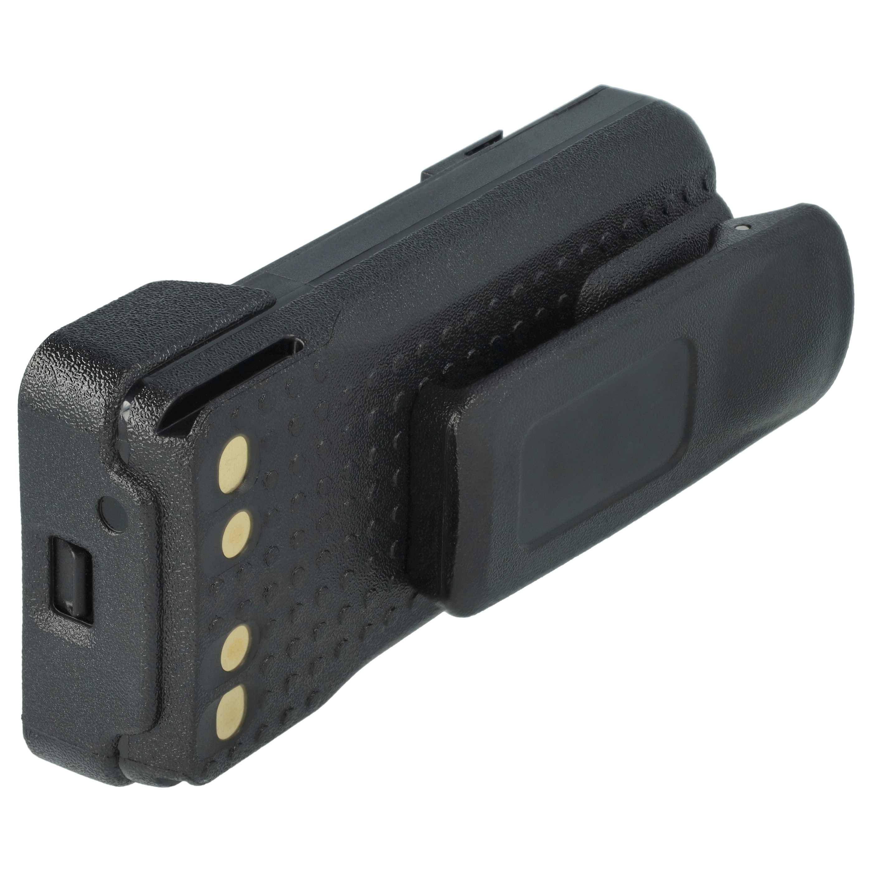 Eine schwarze Walkie-Talkie-Batterie mit Gürtelclip, ausgestattet mit vier goldenen Ladekontakten und einer strukturierten Griffoberfläche, entwickelt für eine sichere Befestigung.