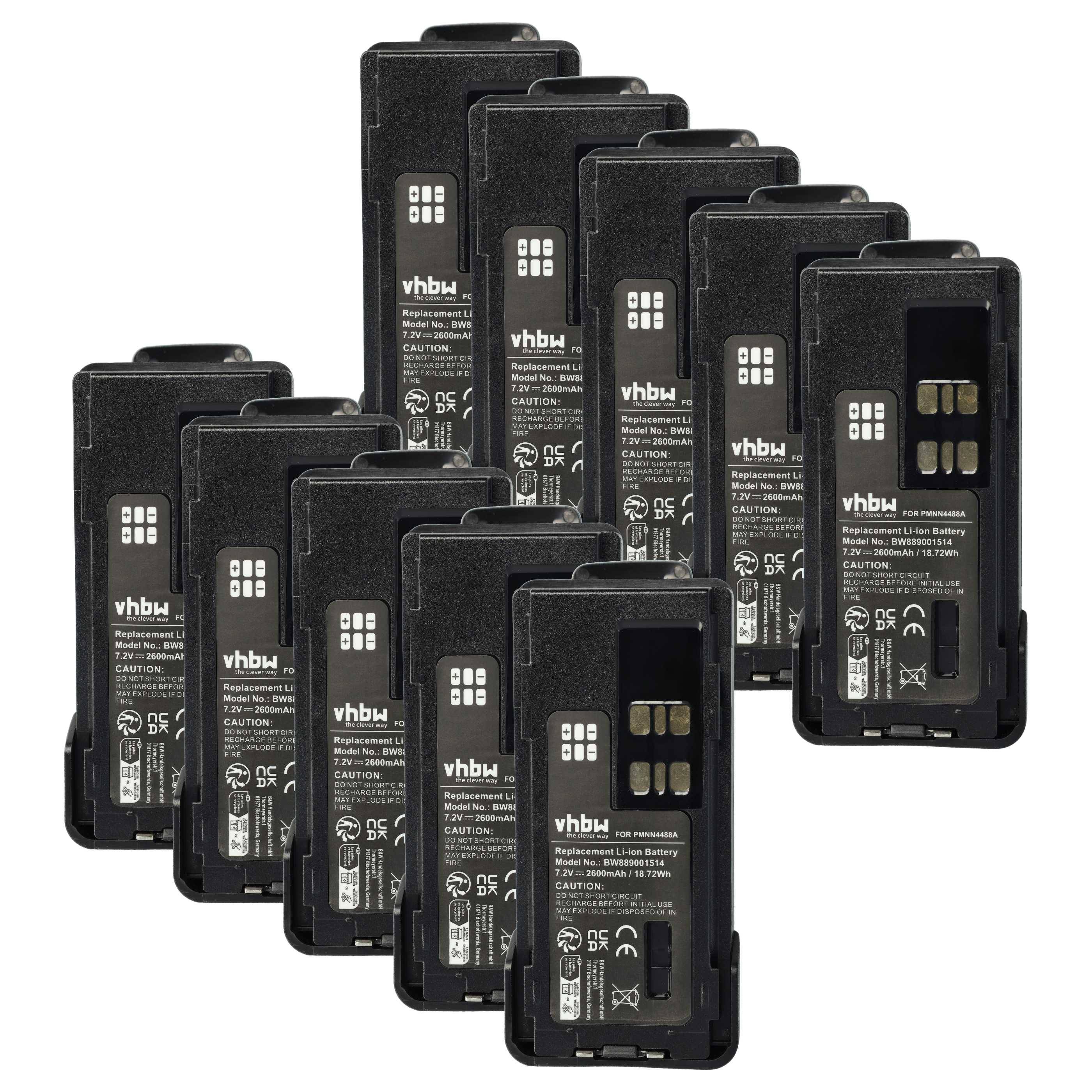 Zehn schwarze vhbw Batterien mit sichtbaren Anschlussports und Sicherheitsetikett.