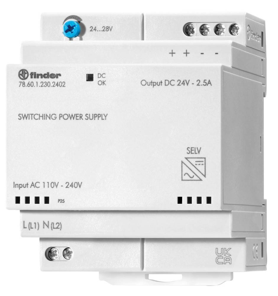 Schaltnetzteil mit Beschriftung 'Eingangsspannung AC 110V - 240V', 'Ausgangsspannung DC 24V - 2,5A', mit Anschlüssen und einem blauen Einstellrad oben.