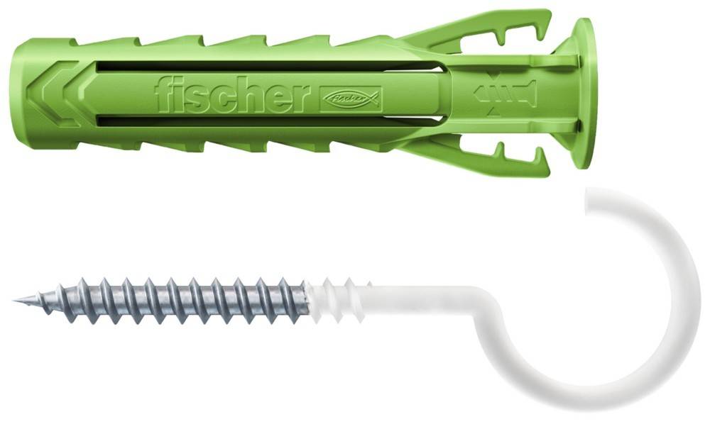Ein grüner Fischer-Dübel mit einer teilweise eingedrehten Schraube, der sein Design für robuste Wandbefestigungsanwendungen veranschaulicht.