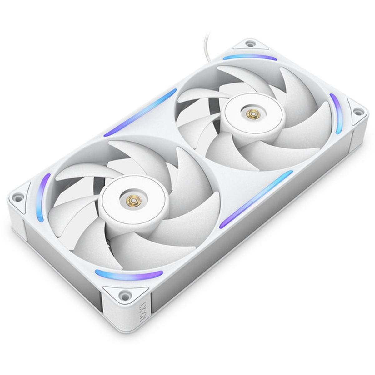Ein weißes Dual-Lüfter-Computerkühsystem mit RGB-Beleuchtung an den Kanten, entwickelt für effizientes Wärmemanagement in Gaming-PCs.