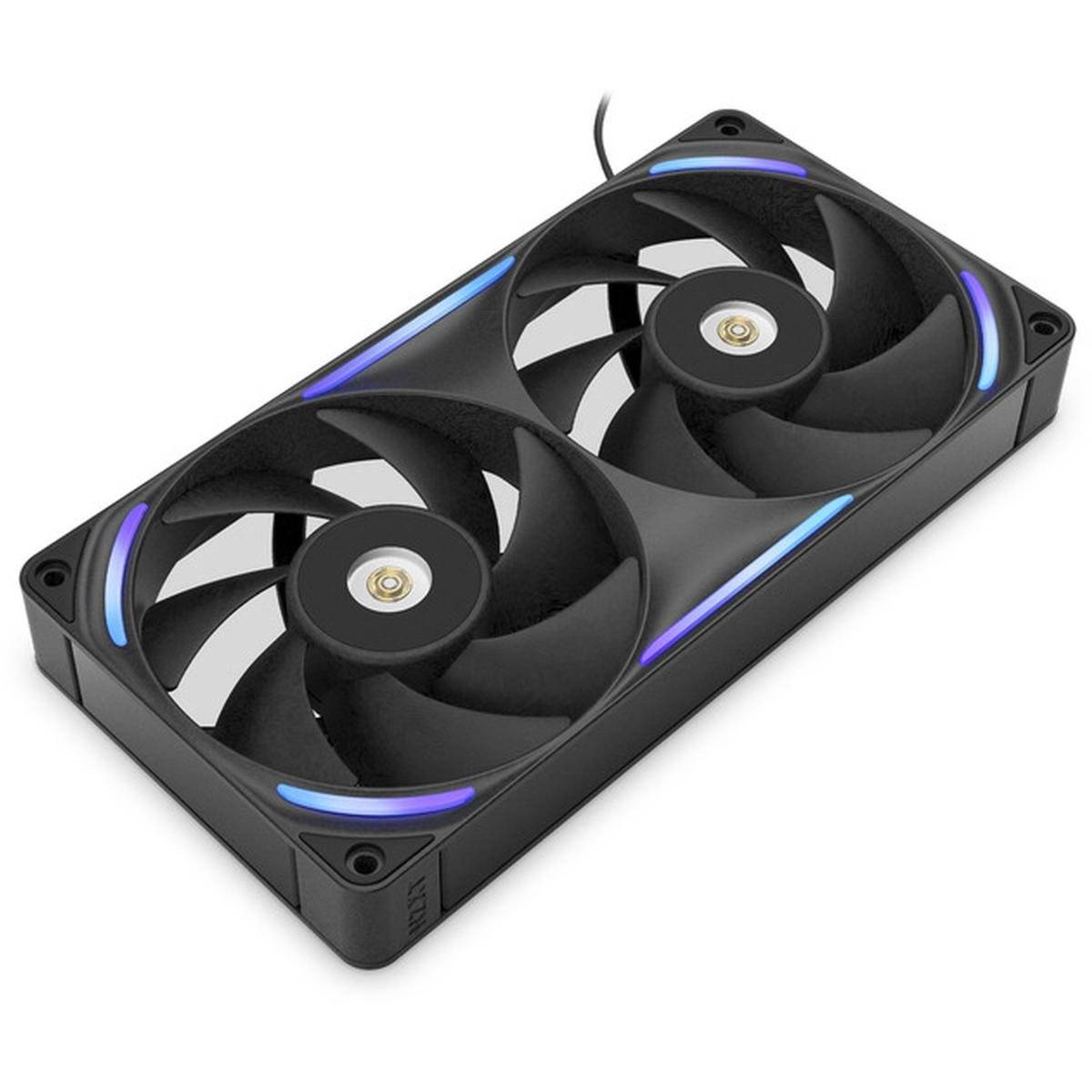 Ein rechteckiger Kühlventilator mit zwei großen schwarzen Flügeln, in einem schwarzen Rahmen mit dezenten blauen LED-Akzenten, der in Computeraufbauten verwendet wird.