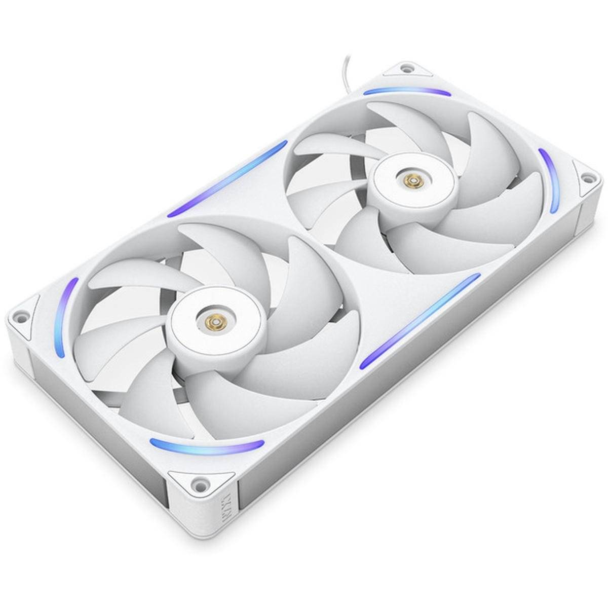 Ein weißer Computer-Kühlventilator mit zwei großen Rotorblättern, umrahmt von LED-Beleuchtung, konzipiert für Kühlsysteme von Desktop-PCs.