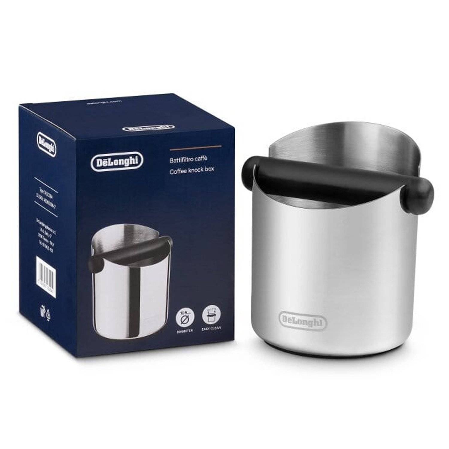Eine DeLonghi Kaffeesatzklopfer mit einem Edelstahlbehälter und einem schwarzen Griff, präsentiert neben seiner Originalverpackung in dunklem Blau.