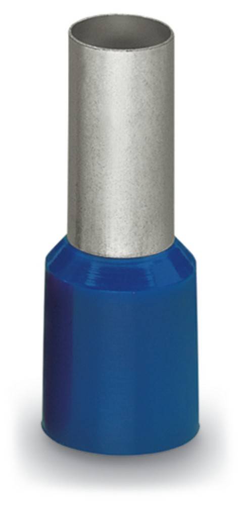 Nahaufnahme eines blauen isolierten Kabelschuhes mit einem metallischen Verbinder, die die detaillierte Textur und den Farbkontrast zwischen Blau und Silber hervorhebt.