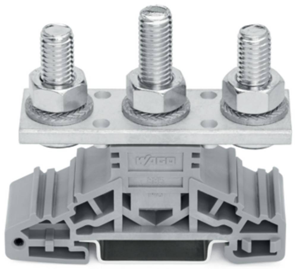 Eine graue elektrische Anschlussbase mit drei Metallbolzen und -muttern oben, die zum Befestigen von Komponenten in einem elektrischen System verwendet wird.