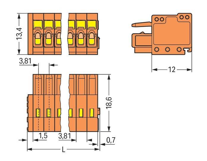 Technische Zeichnung eines elektrischen Anschlusses, zeigt Frontansicht mit vier gelben Anschlüssen, Seitenansicht mit Maßen und eine Draufsicht.