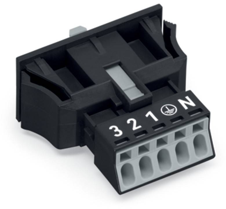 Ein schwarzer elektrischer Anschluss mit vier beschrifteten Steckplätzen, '3, 2, 1, N', zum Verdrahten. Er verfügt über eine Lasche oben zum Sichern des Anschlusses.