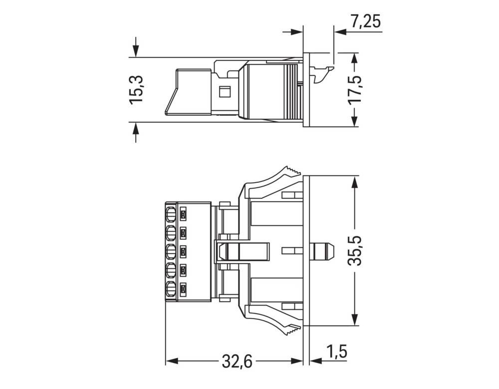 Technische Zeichnung eines elektrischen Anschlusses, die Seiten- und Draufsicht mit folgenden Maßen zeigt: 7,25 mm, 17,5 mm, 15,3 mm, 35,5 mm und 32,6 mm.