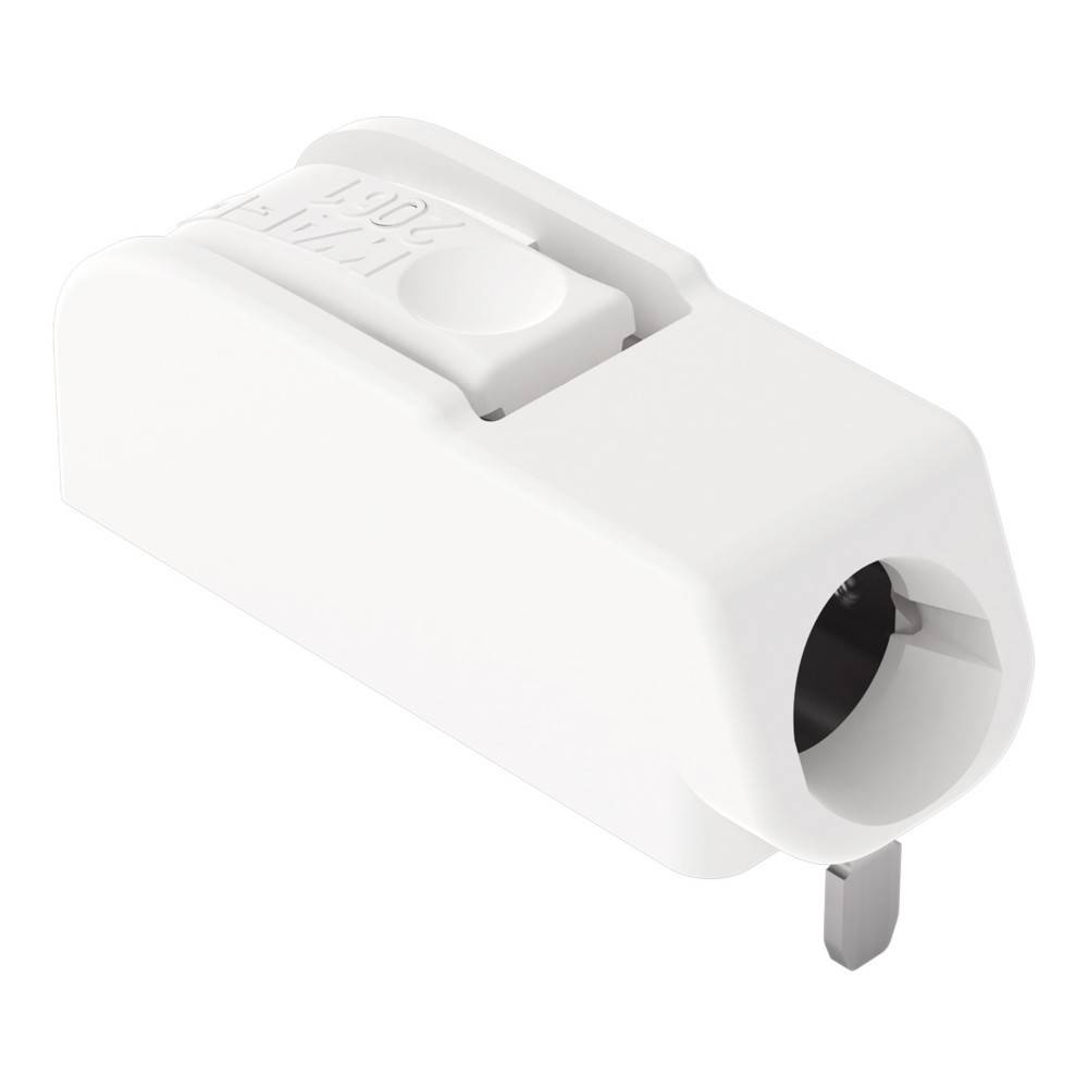 Ein weißer Netzstecker-Adapter mit einer runden Buchse und zwei Metallstiften ist abgebildet. Der Adapter ist zum Anschluss elektrischer Geräte konzipiert.