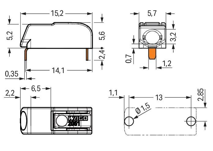 Technische Zeichnung eines Wago-Verbinders mit Abmessungen: Länge 15,2 mm, Breite 5,7 mm, Höhe 5,6 mm und Anschlussbreite 1,2 mm.