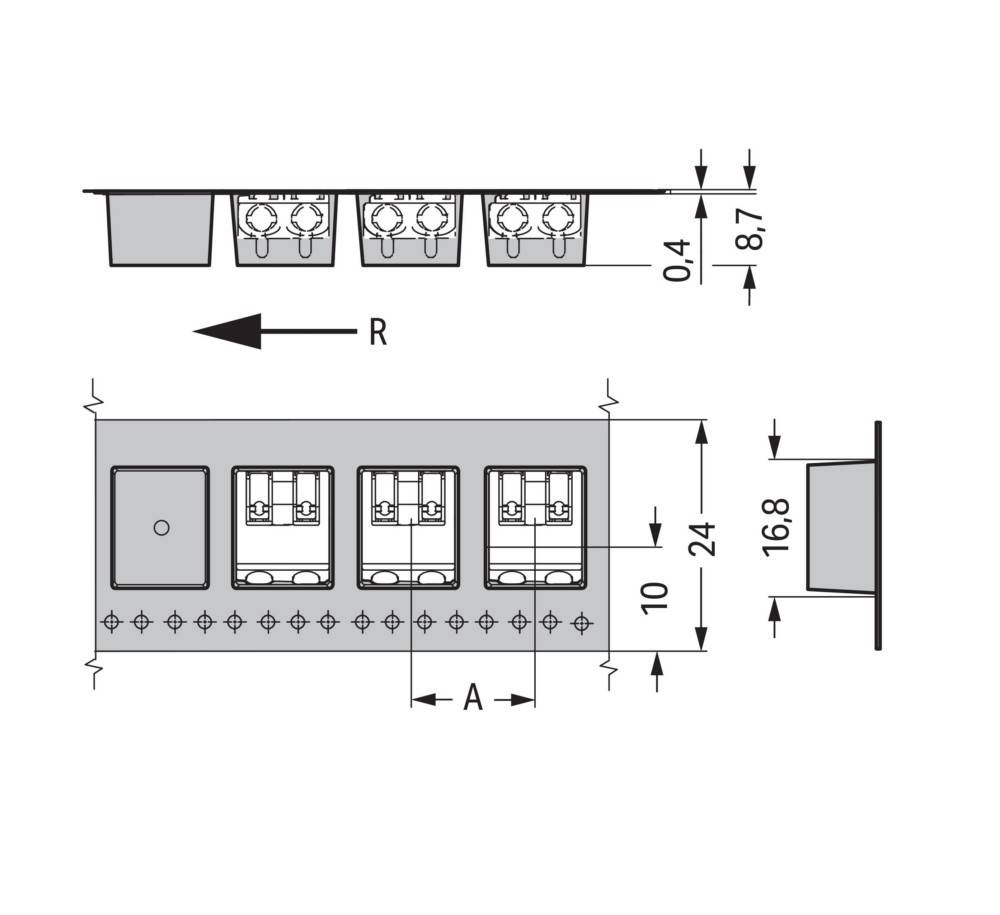 Elektrisches Diagramm mit drei Steckdosen und einem Schalter. Maße beschriftet: Höhe 24 mm, Breite 10 mm, Tiefe 8,7 mm.
