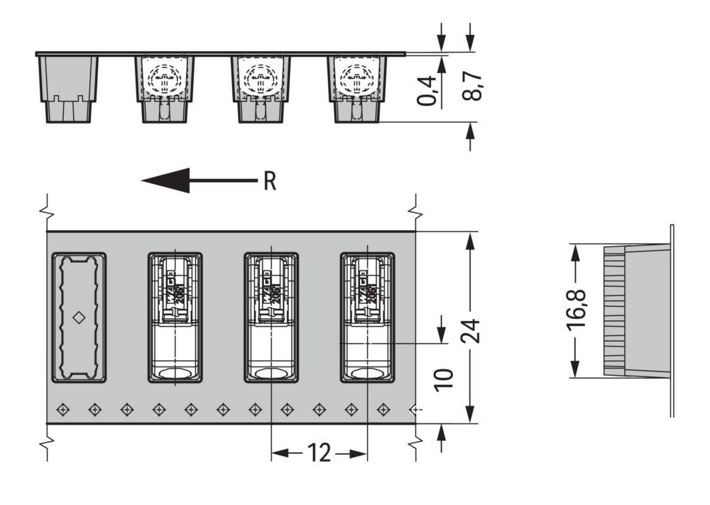 Technische Zeichnung eines elektronischen Komponentenmoduls mit vier Steckplätzen, Abmessungen aufgeführt; Steckplätze mit „R