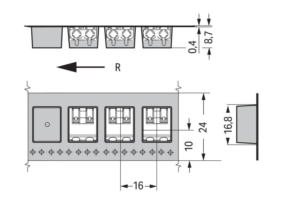 Diagramm zur Darstellung der elektrischen Anschlussspezifikationen, Abmessungen beschriftet: 8,7 mm Höhe, 16 mm Breite, 24 mm Gesamthöhe.