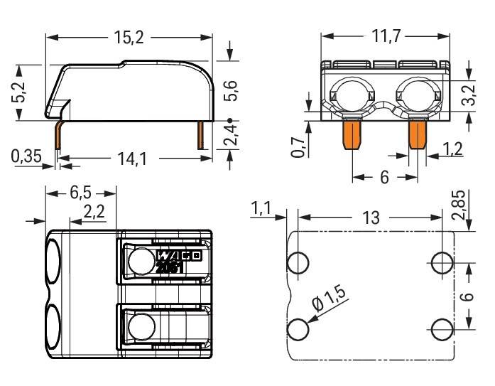 Technische Zeichnung einer elektrischen Komponente mit Maßangaben in Millimetern, die Vorder-, Ober- und Seitenansicht zeigt. Wesentliche Abmessungen umfassen 15,2 mm Breite, 11,7 mm Höhe und 6,5 mm Abstand.