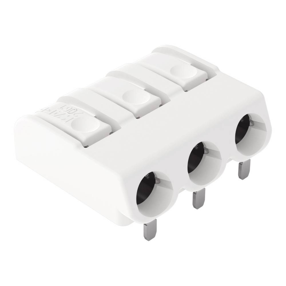 Weißer Drei-Pin-Stecker mit drei kreisrunden Eingangslöchern und drei Metallstiften auf einer Seite, ausgelegt für elektrische Verkabelung.