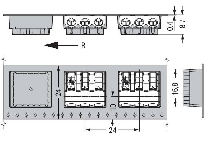Technische Zeichnung von elektrischen Anschlüssen mit Abmessungen von 24 x 10 mm, die detaillierte interne Komponenten und Maßlinien zeigt.