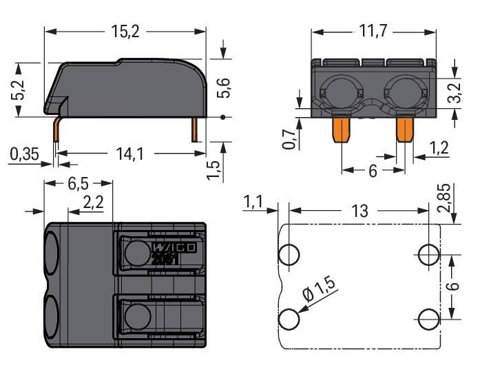 Eine technische Zeichnung einer elektrischen Komponente mit Abmessungen: Breite 15,2 mm, Höhe 11,7 mm. Merkmale umfassen einen 6 mm Abschnitt und eine 13 mm Basis.