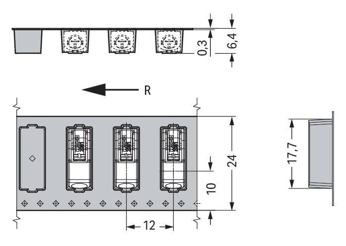 Technische Zeichnung zur Darstellung der Abmessungen von elektronischen Komponenten auf einer Leiterplatte: vertikale und horizontale Messungen betragen 6,4 und 24 Einheiten.
