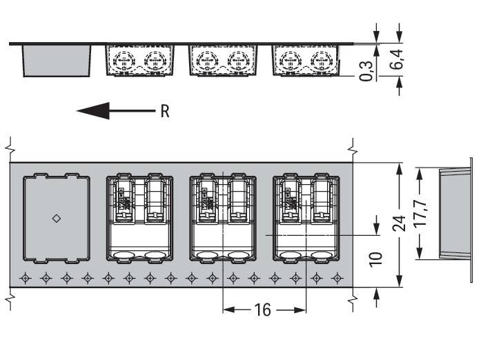 Technische Zeichnung einer Komponente in einem Streifen mit mehreren Einheiten. Schlüsseldimensionen sind 6,4 mm in der Höhe und 16 mm zwischen den Einheiten.