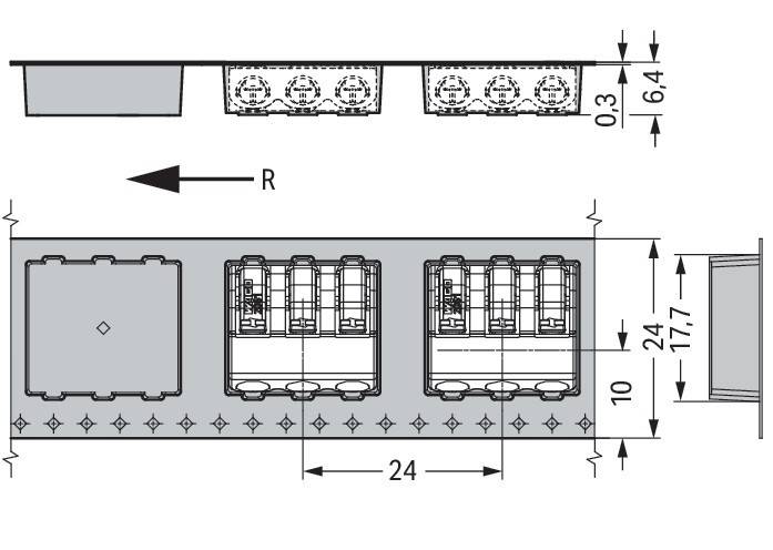 Technische Zeichnung mit elektrischen Anschlüssen, die eine Reihe von drei Einheiten auf jeder Seite zeigt, mit beschrifteten Abmessungen von 0,3, 0,64, 10, 24.