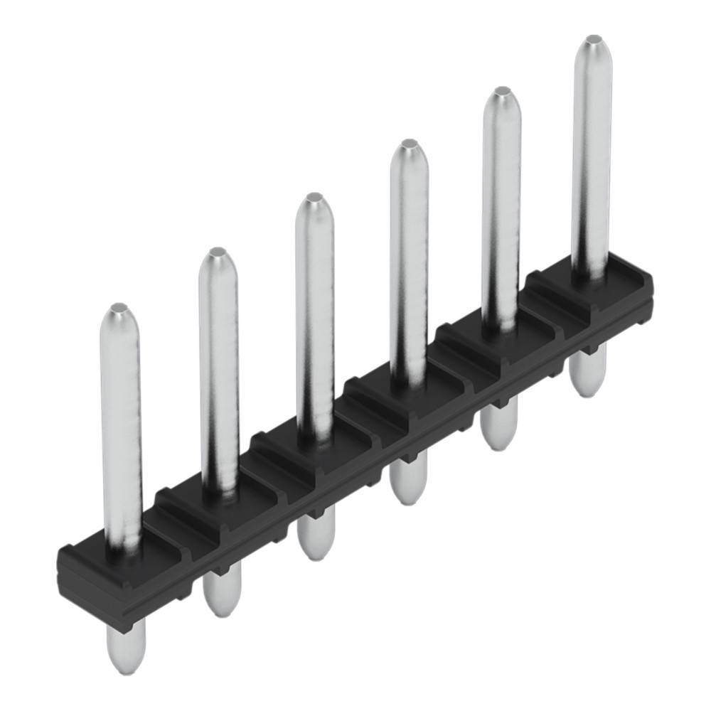 Eine Reihe von sechs Metallstiften, die in einer schwarzen Kunststoffverbinderleiste montiert sind und in der Elektronik häufig für Leiterplattenanschlüsse verwendet werden.