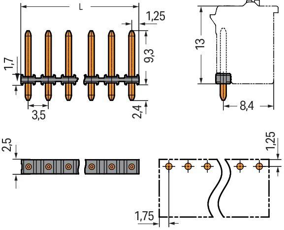 Technische Zeichnung einer Metallkomponente mit in Zentimetern beschrifteten Abmessungen, die Draufsicht und Seitenansicht mit spezifischen Maßen zeigt.