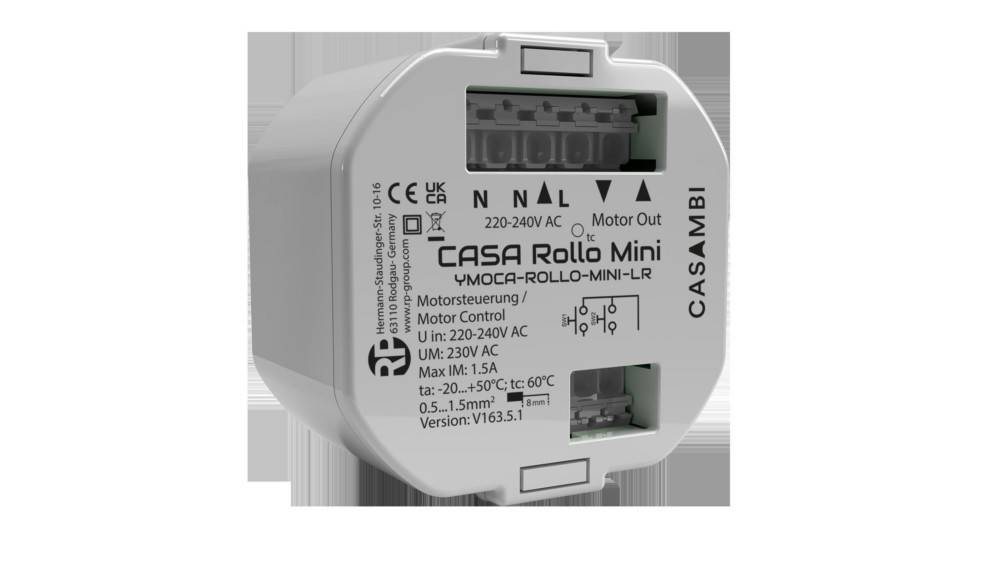 Eine Nahaufnahme eines CASA Rollo Mini-Geräts, das seine Anschlüsse und technischen Spezifikationen zeigt, einschließlich Spannung, Stromstärke und Sicherheitszertifizierungen.