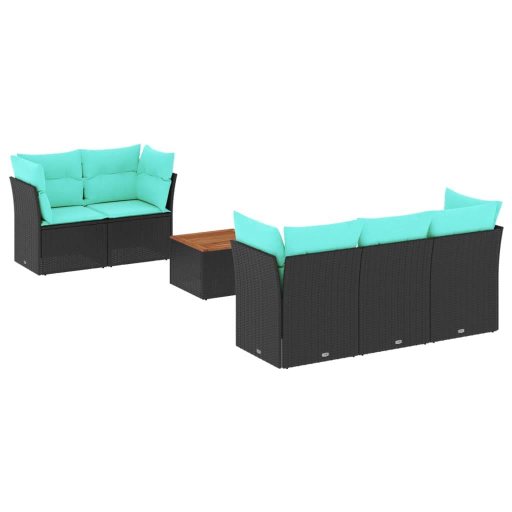 Gartenmöbelset mit zwei türkisfarbenen gepolsterten Sofas und einem braunen Rattan-Couchtisch, angeordnet auf weißem Hintergrund.
