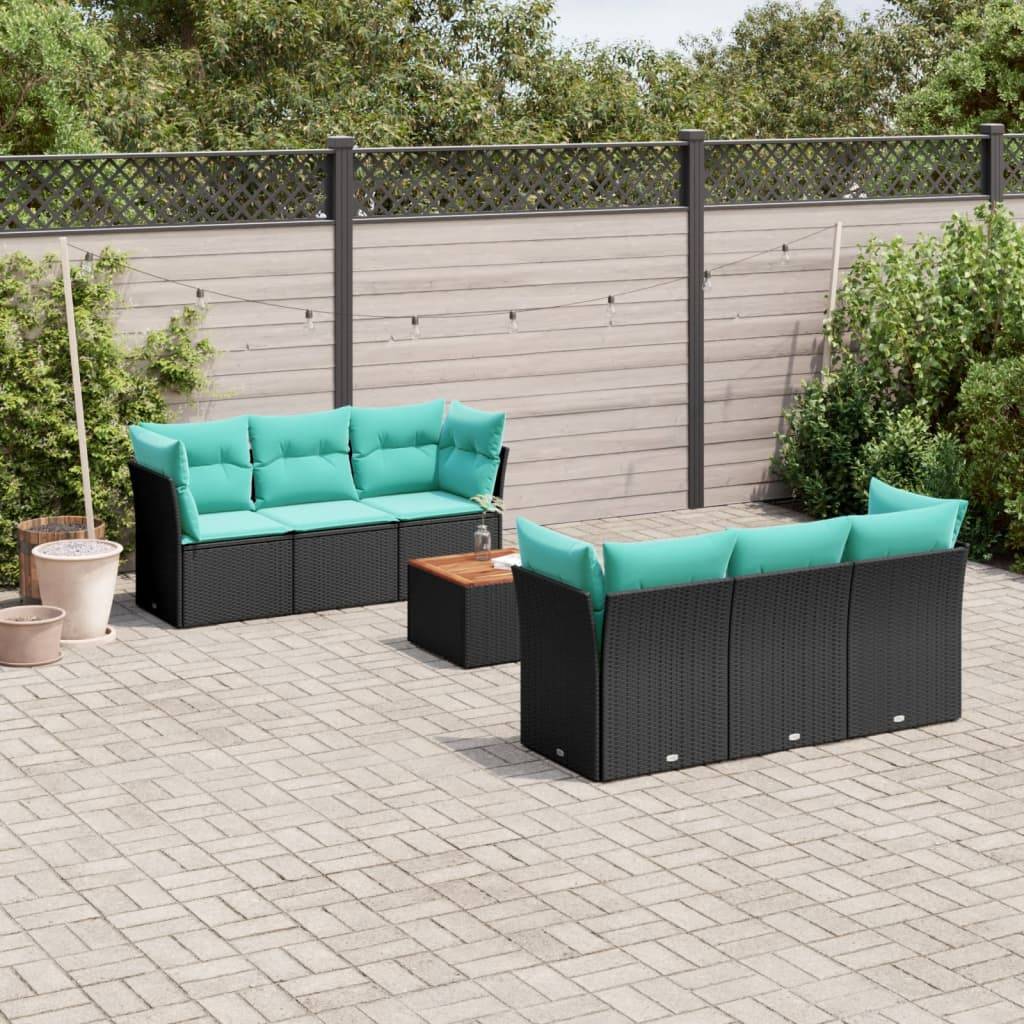 vidaXL 7-tlg. Garten-Sofagarnitur mit Kissen Schwarz Poly Rattan