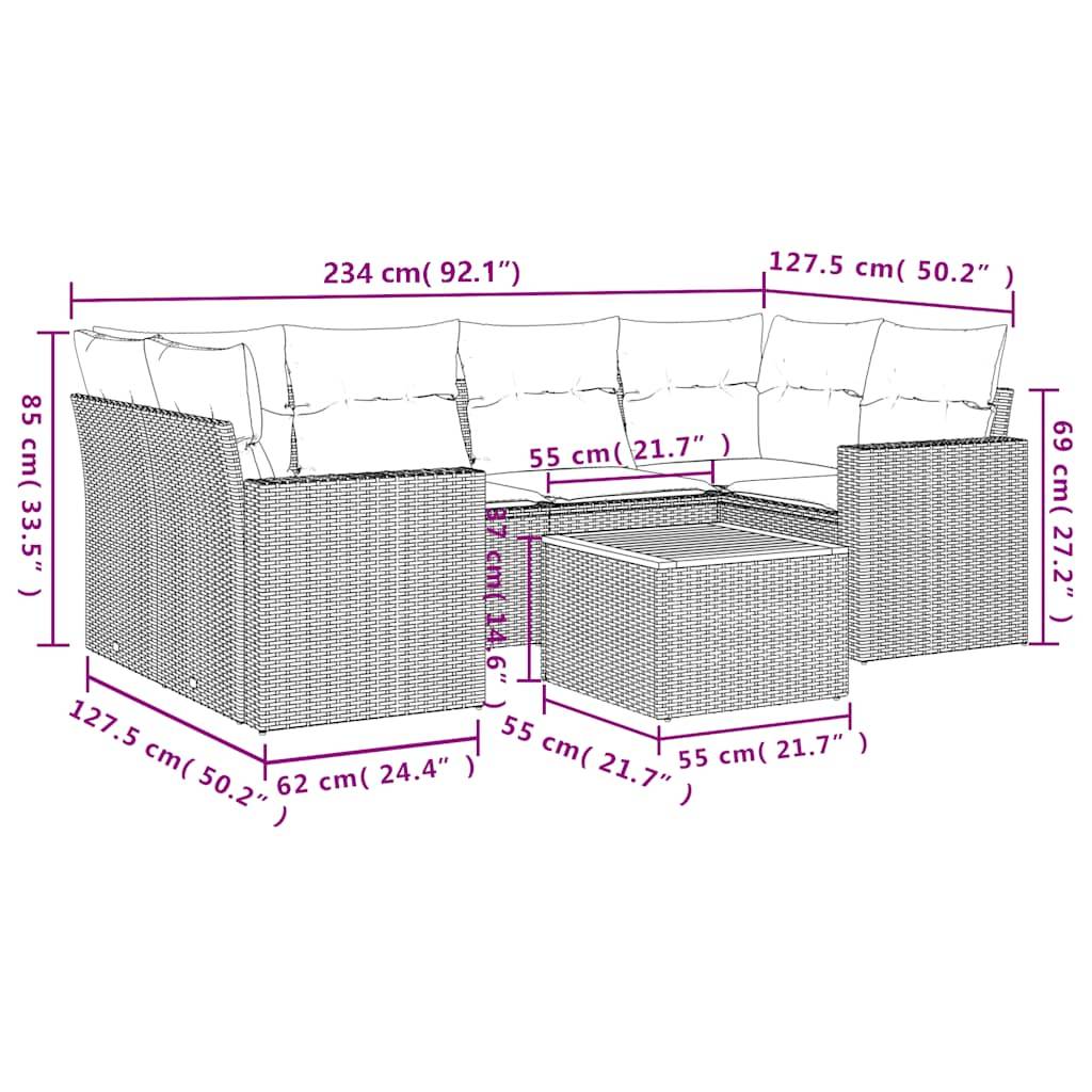 vidaXL 7-tlg. Garten-Sofagarnitur mit Kissen Schwarz Poly Rattan