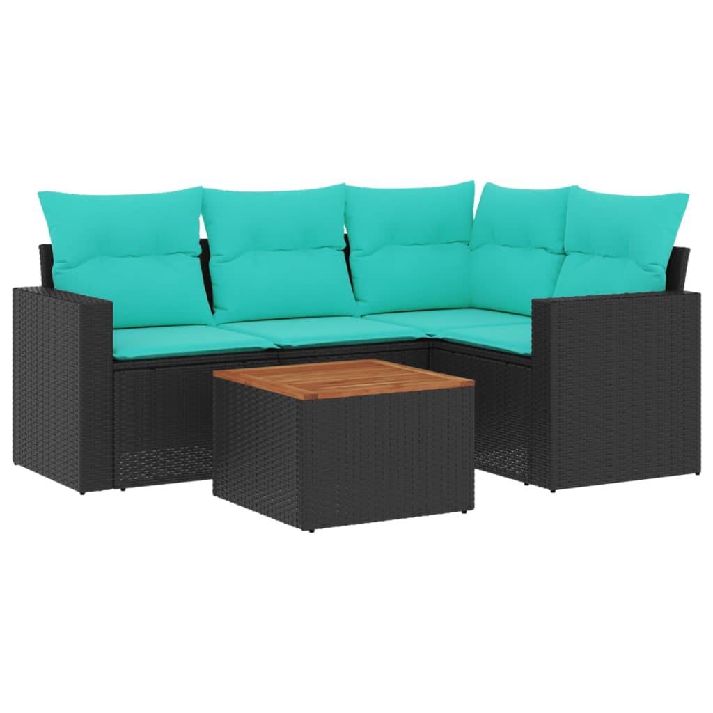 vidaXL 5-tlg. Garten-Sofagarnitur mit Kissen Schwarz Poly Rattan