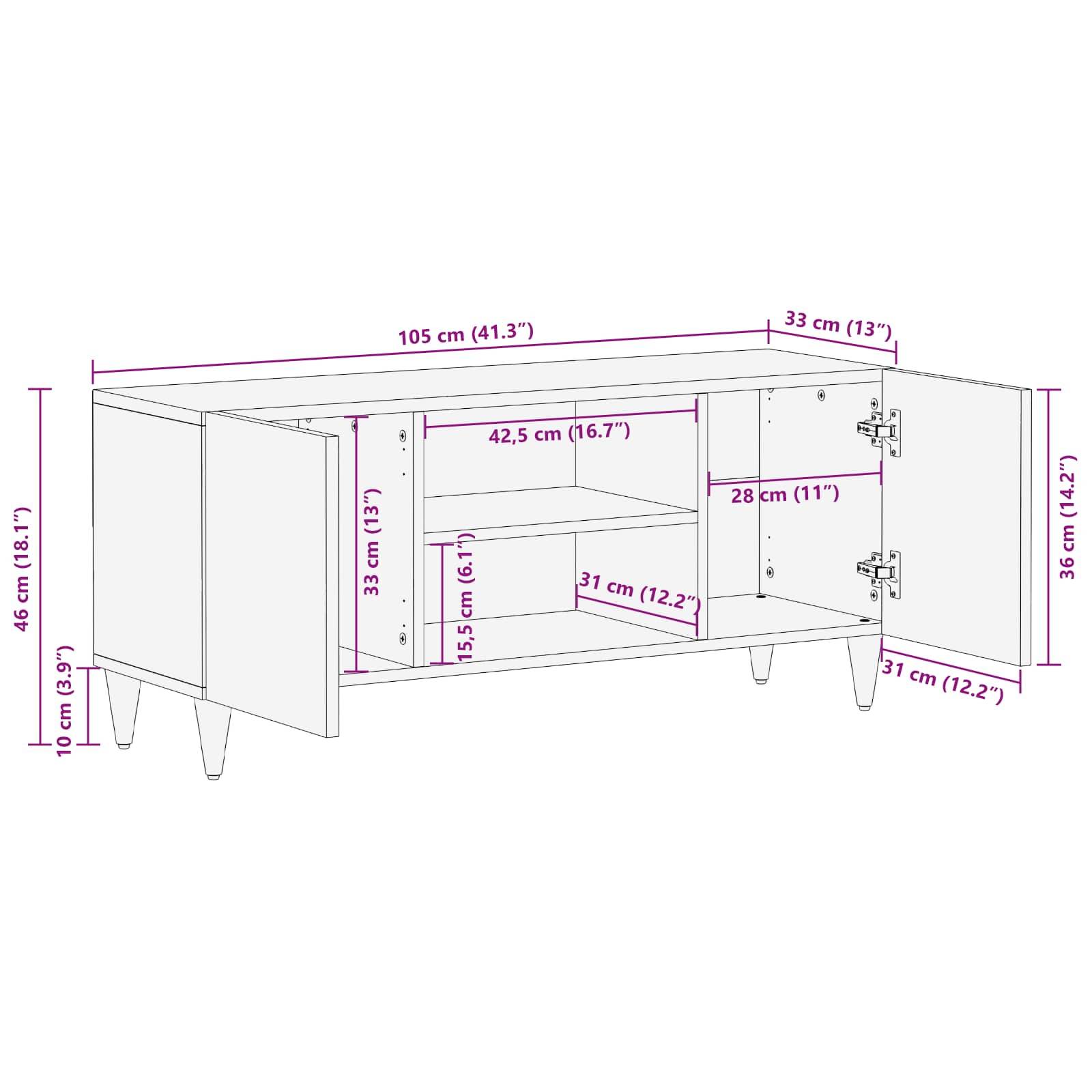 Diagramm eines Sideboards mit Maßen: 105 cm breit, 46 cm hoch und 33 cm tief. Innere Regale sind 42,5 cm breit und 31 cm tief.
