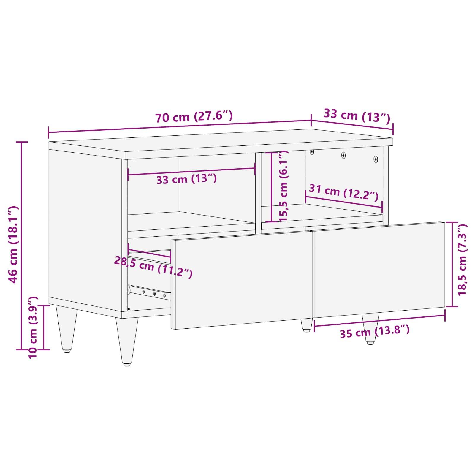 Eine Linienzeichnung eines Schranks mit Abmessungen: 70 cm breit, 46 cm hoch, 33 cm tief. Merkmale umfassen Regale und Fächer mit spezifischen Maßen.