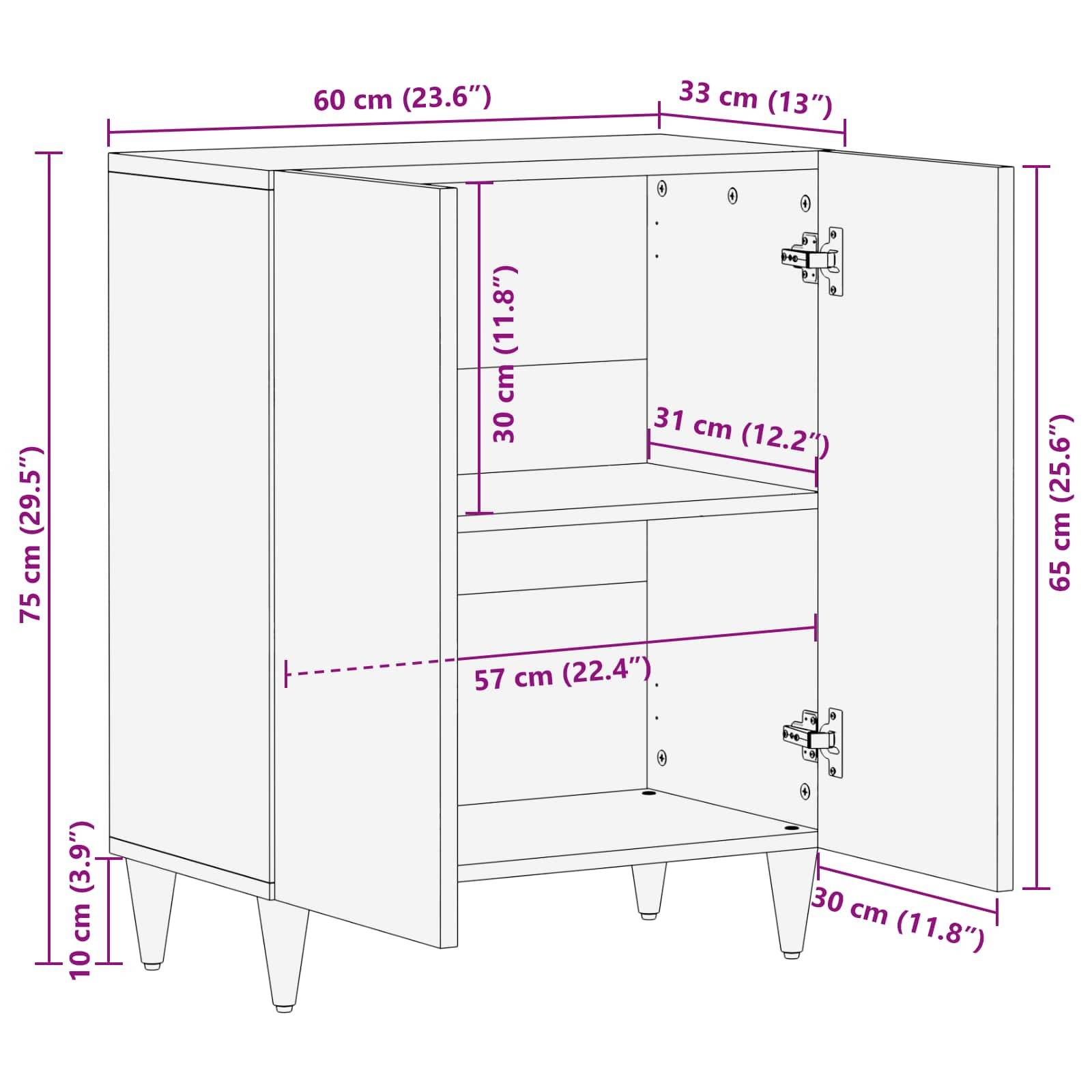 Eine Strichzeichnung eines Schranks mit offenen Türen, bei der die Einlegeböden sichtbar sind. Abmessungen beschriftet: Höhe 75 cm, Breite 60 cm, Tiefe 33 cm.
