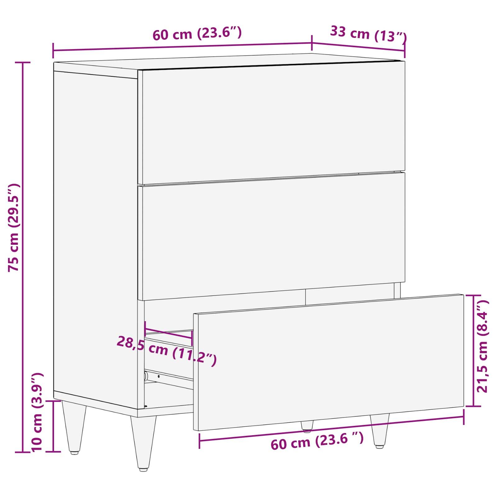 Eine Linienzeichnung einer Kommode mit drei Schubladen und Maßangaben. Die Kommode ist 75 cm hoch, 60 cm breit und 33 cm tief. Die untere Schublade ist geöffnet.