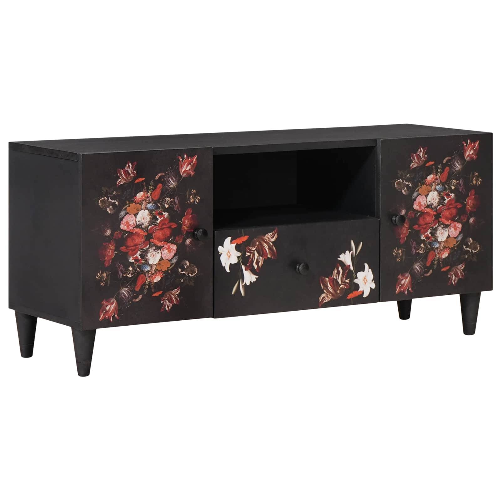 Schwarzer Holz-TV-Schrank mit Blumendesigns auf den Türen, ausgestattet mit zwei Seitenschränken, einer zentralen Schublade und einem offenen Regal.