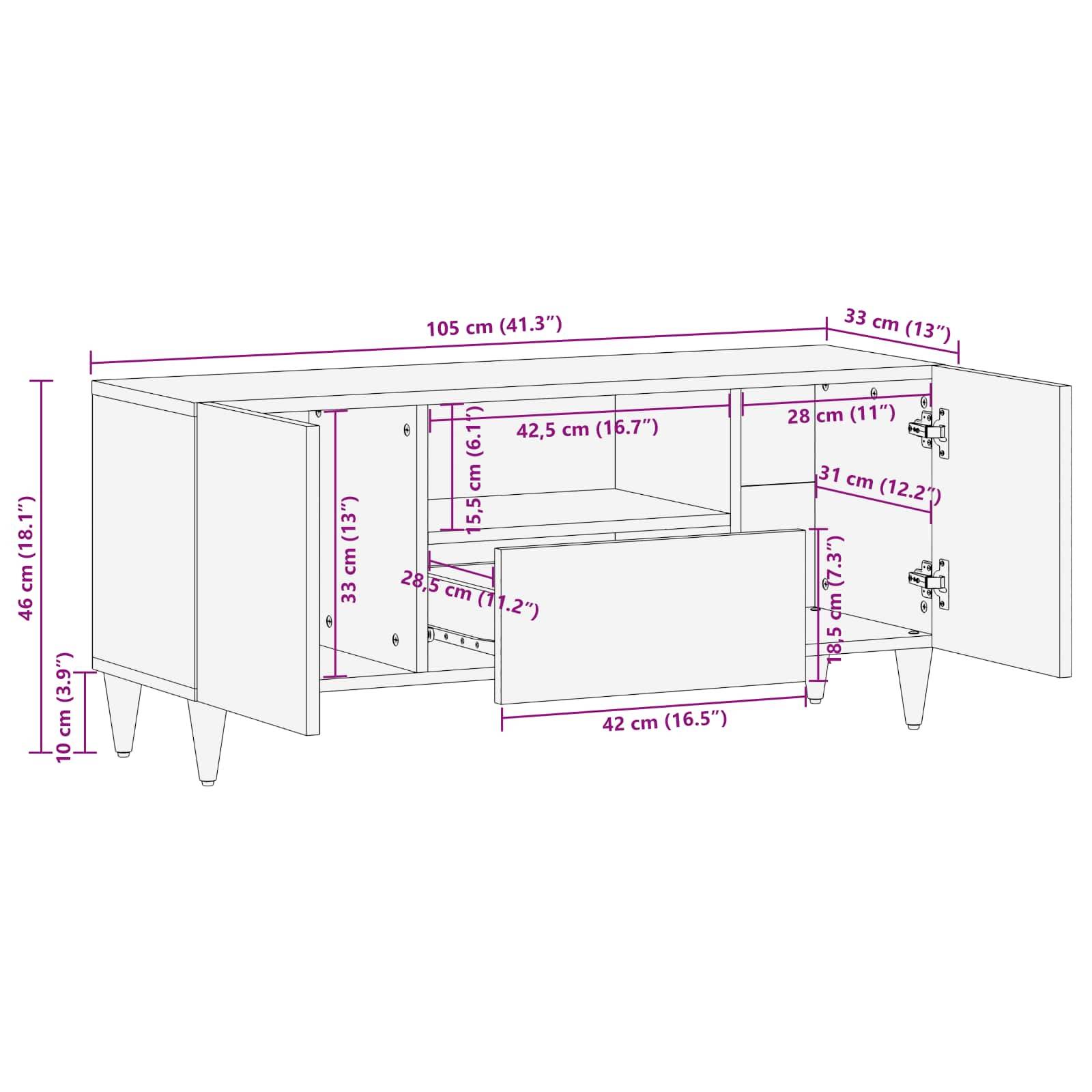 Eine Linienzeichnung eines Schranks mit offenen Türen und Schubladen, die die Innenabmessungen zeigt: 105 cm Breite, 46 cm Höhe und 33 cm Tiefe.