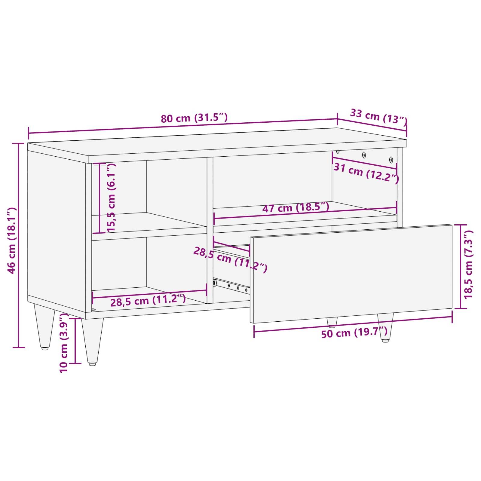 Ein Diagramm eines Holz-TV-Ständers zeigt folgende Abmessungen: Breite 80 cm, Tiefe 33 cm, Höhe 46 cm. Inklusive zwei Regalen und einer 50 cm Schublade.
