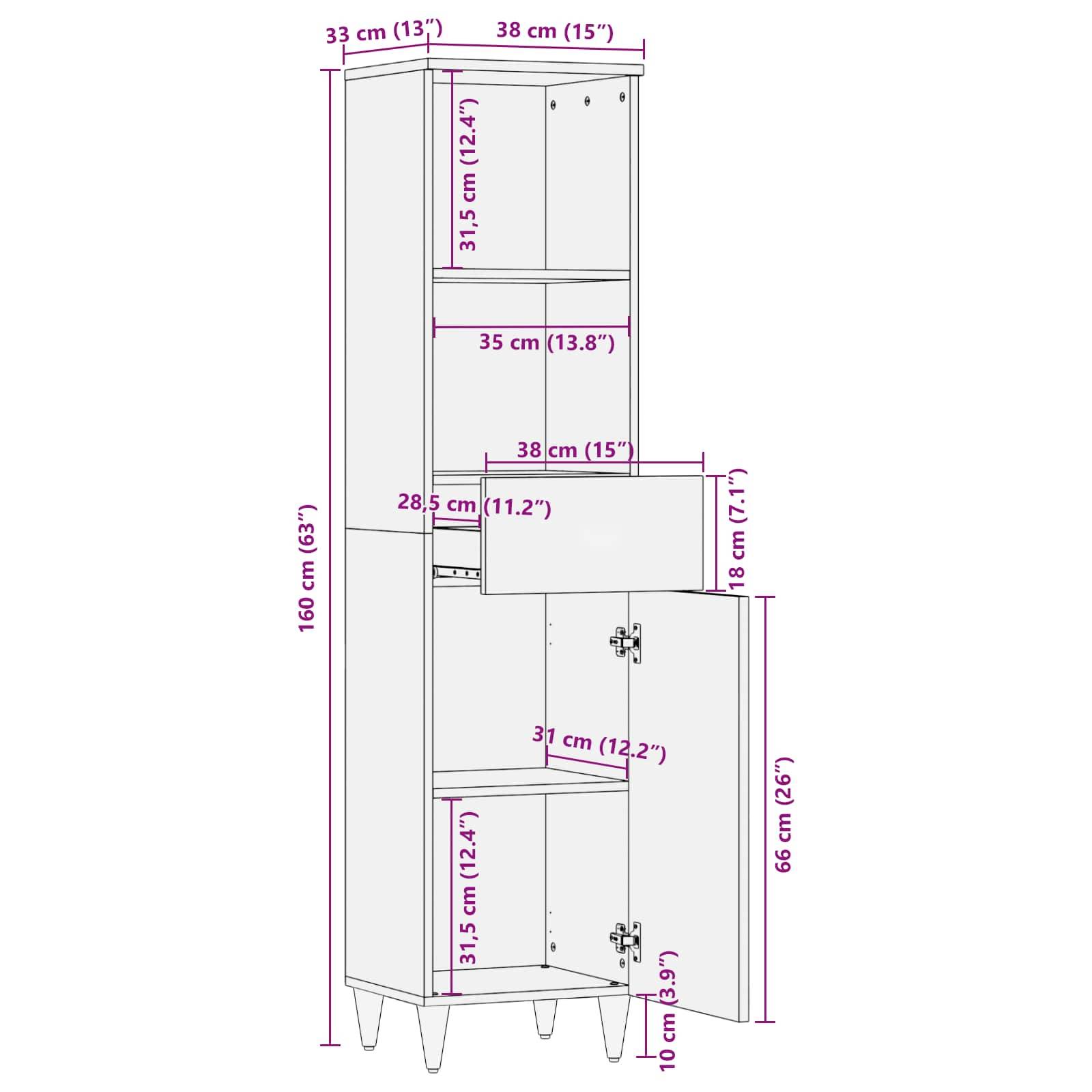 Hoher, schmaler Schrank mit vier Regalen, einer Schublade und drei Türen. Abmessungen: 160 cm hoch, 38 cm breit und 33 cm tief.