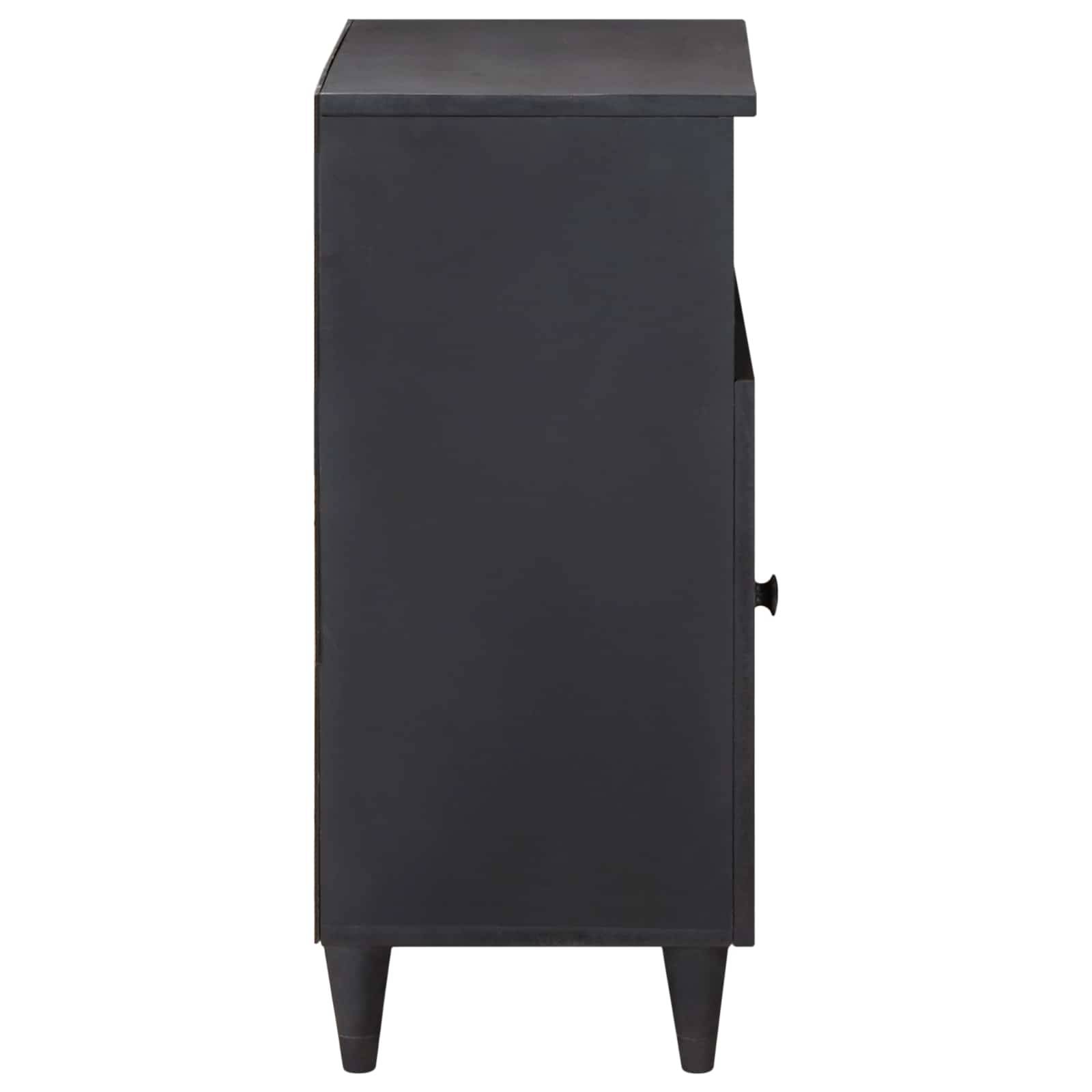 Ein schwarzer, rechteckiger Schrank, von der Seite betrachtet, der sein schlankes, modernes Design mit sich verjüngenden Beinen und einem sichtbaren Knopf zeigt.