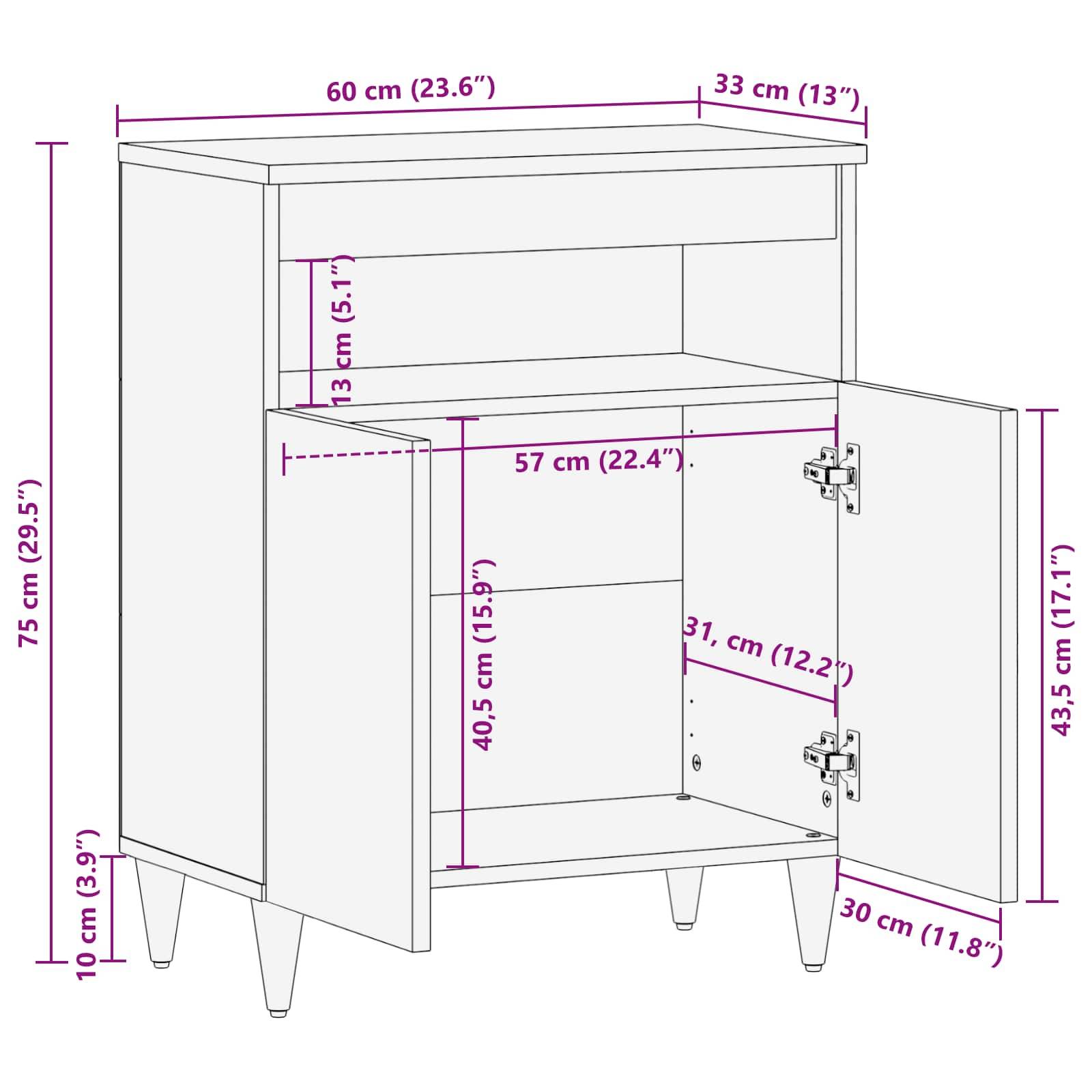 Ein Schrank mit offenen Türen, der das Innenregal und die Abmessungen zeigt: Höhe 75 cm, Breite 60 cm, Tiefe 33 cm. Die Regaldimensionen betragen 57 cm Breite und 31 cm Höhe.
