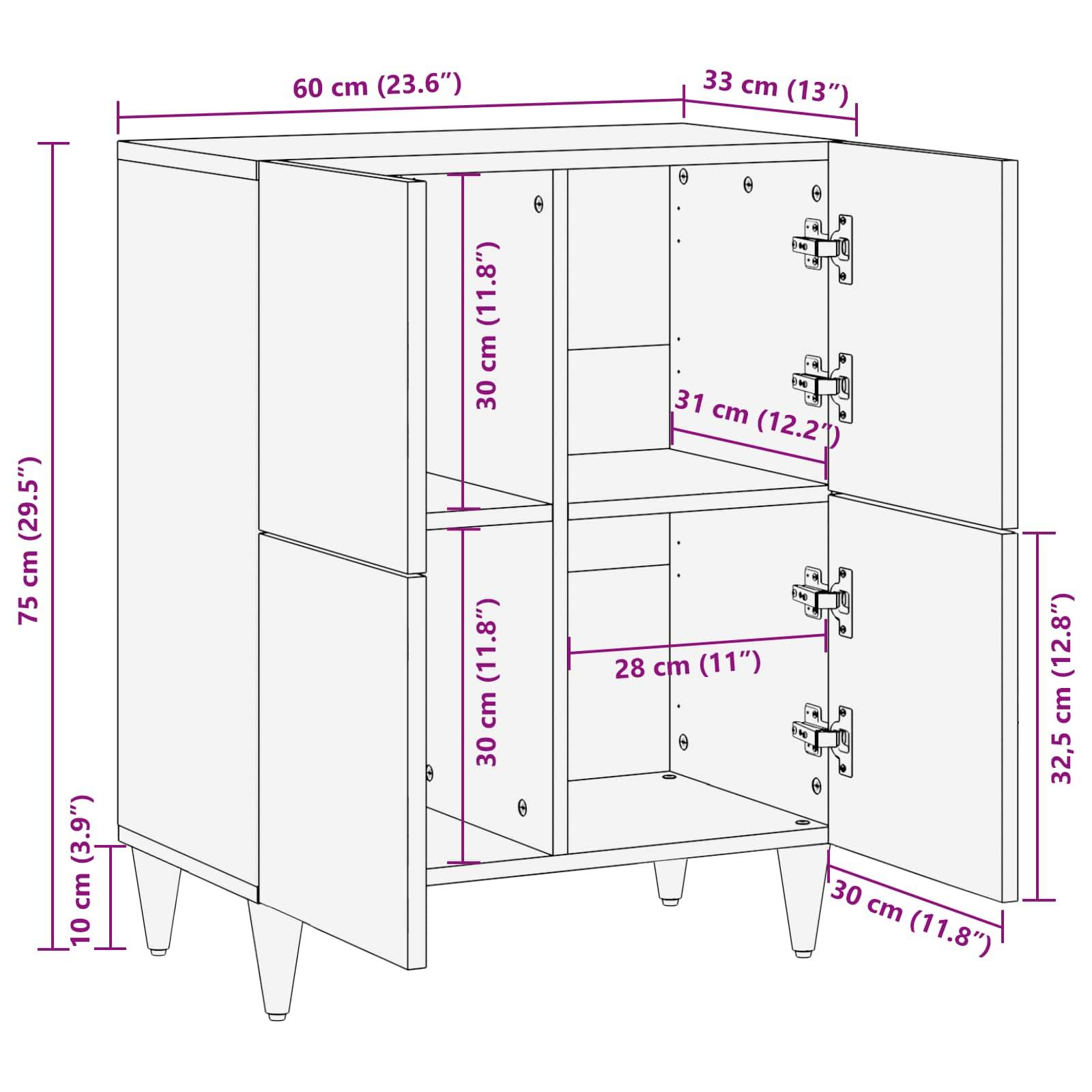 Schematische Darstellung eines Schranks mit offenen Türen, die Regale und Abmessungen zeigt: 75 cm hoch, 60 cm breit und 33 cm tief. Die Regale haben eine Höhe von 31 cm und 28 cm.