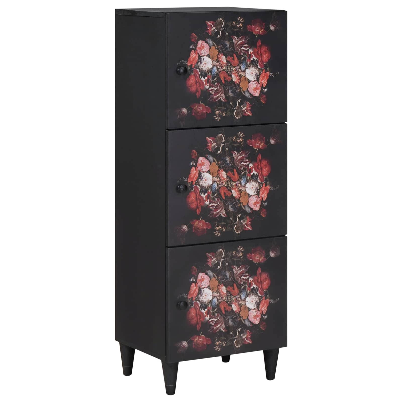 Ein schwarzer Schubladenschrank mit Blumenmustern auf der Vorderseite jeder Schublade, der rote und rosa Blumen mit grünen Blättern zeigt.