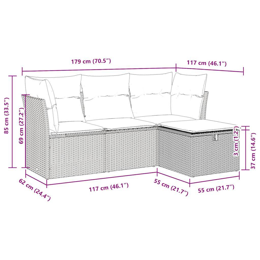 vidaXL 4-tlg. Garten-Sofagarnitur mit Kissen Schwarz Poly Rattan