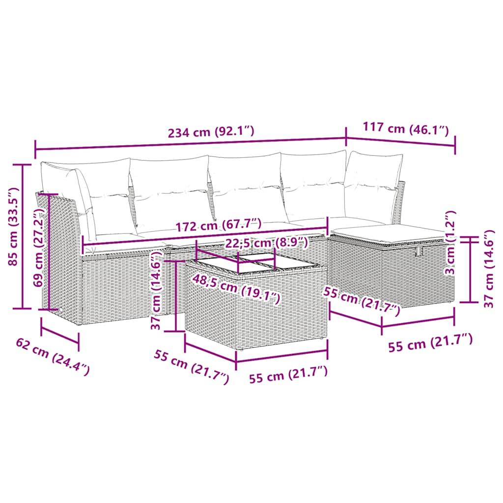 vidaXL 6-tlg. Garten-Sofagarnitur mit Kissen Schwarz Poly Rattan