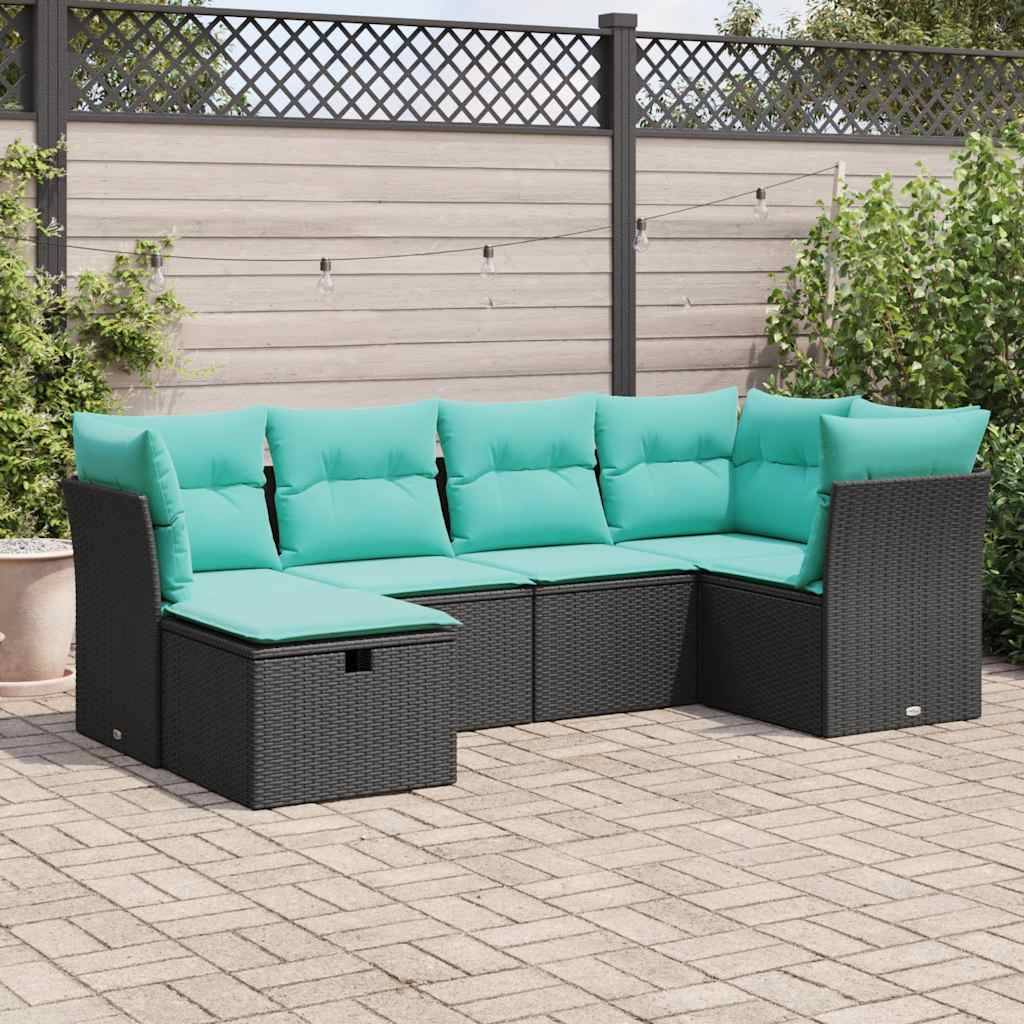 vidaXL 6-tlg. Garten-Sofagarnitur mit Kissen Schwarz Poly Rattan